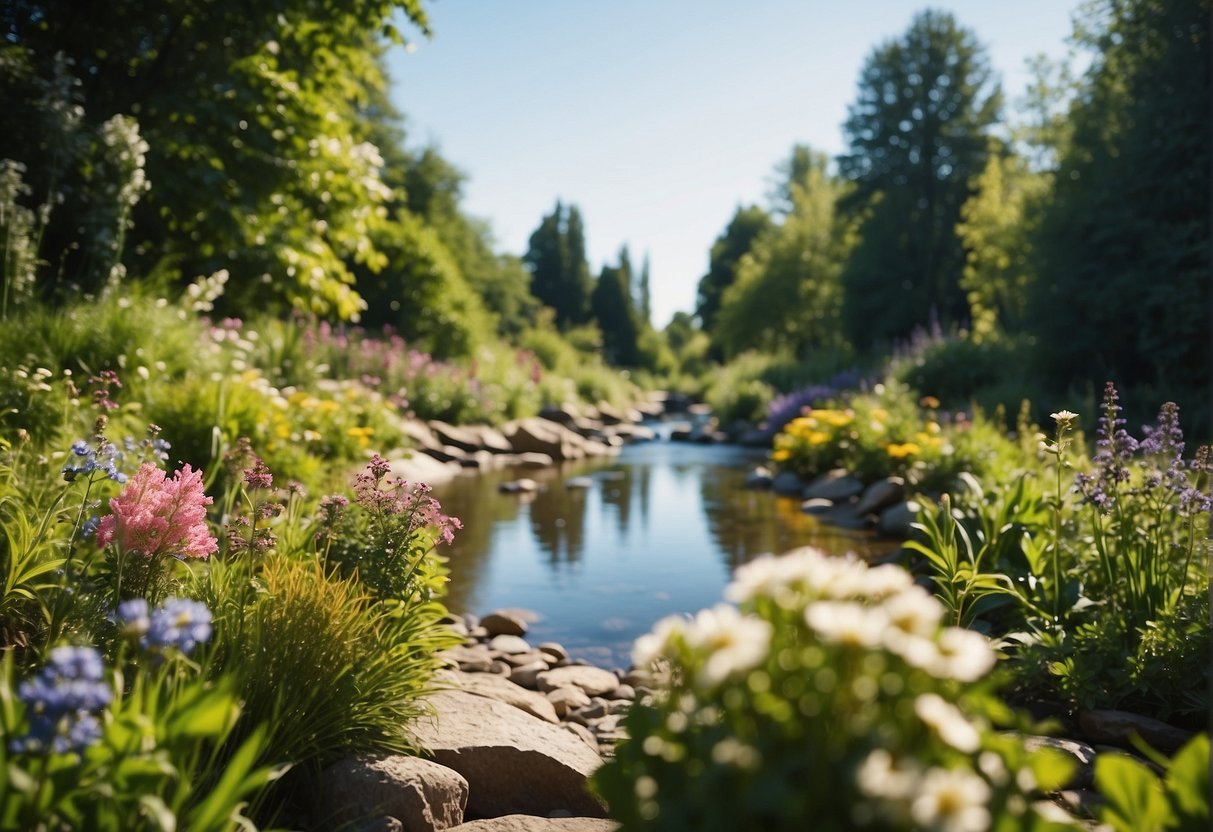 A vibrant garden with blooming flowers, fresh fruits, and lush greenery, surrounded by a peaceful, flowing stream and a clear blue sky