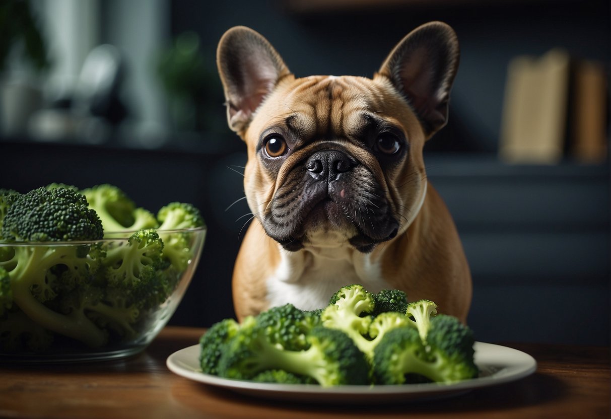 A French bulldog munches on broccoli, with a curious expression