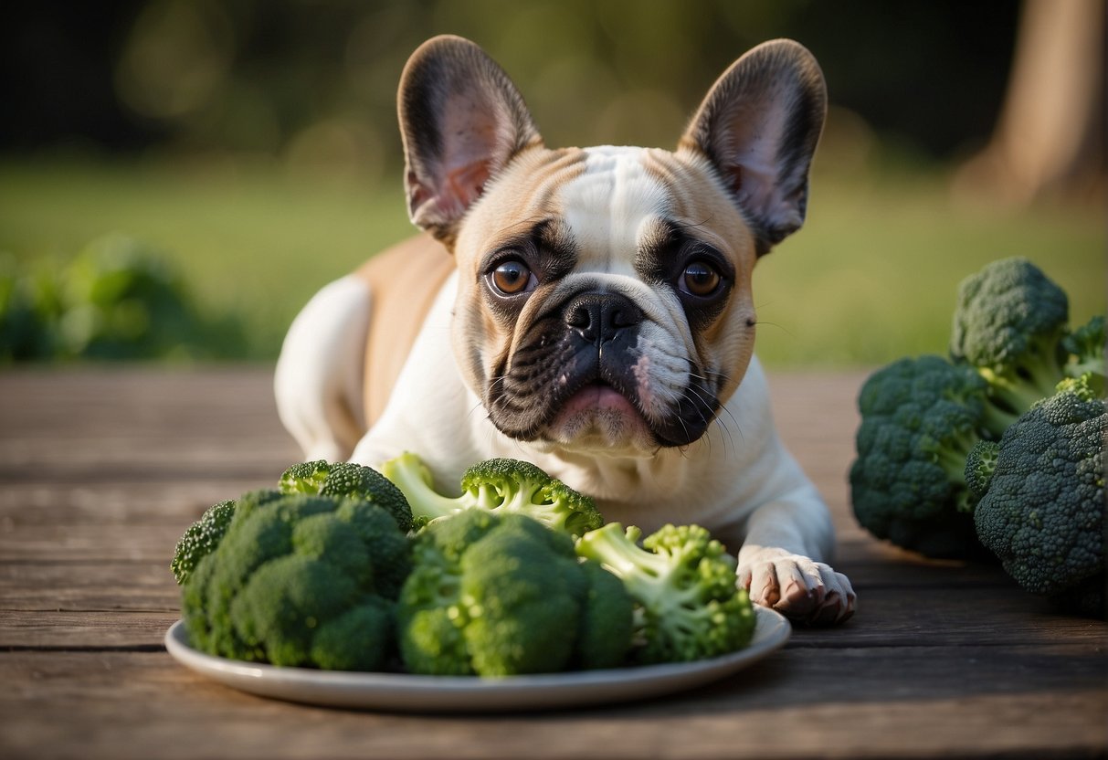 A French Bulldog happily eating broccoli, showing its nutritional benefits for dogs