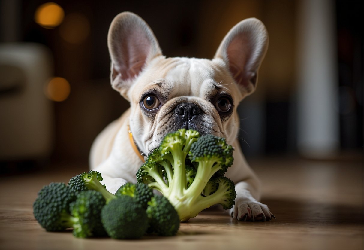 A Frenchie eagerly nibbles on a piece of broccoli, tail wagging. The dog's eyes are bright and curious as it enjoys the healthy treat