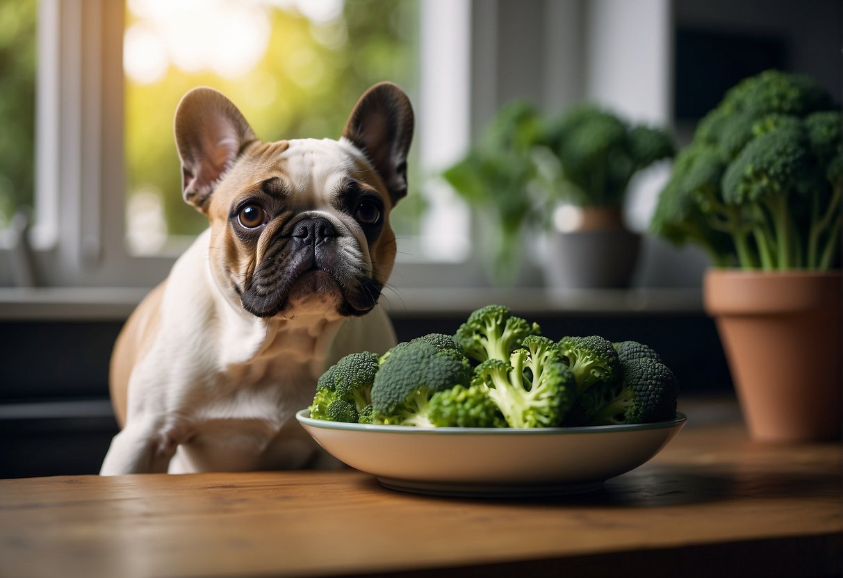 A French bulldog eagerly sniffs a bowl of broccoli, while a puzzled expression crosses its face