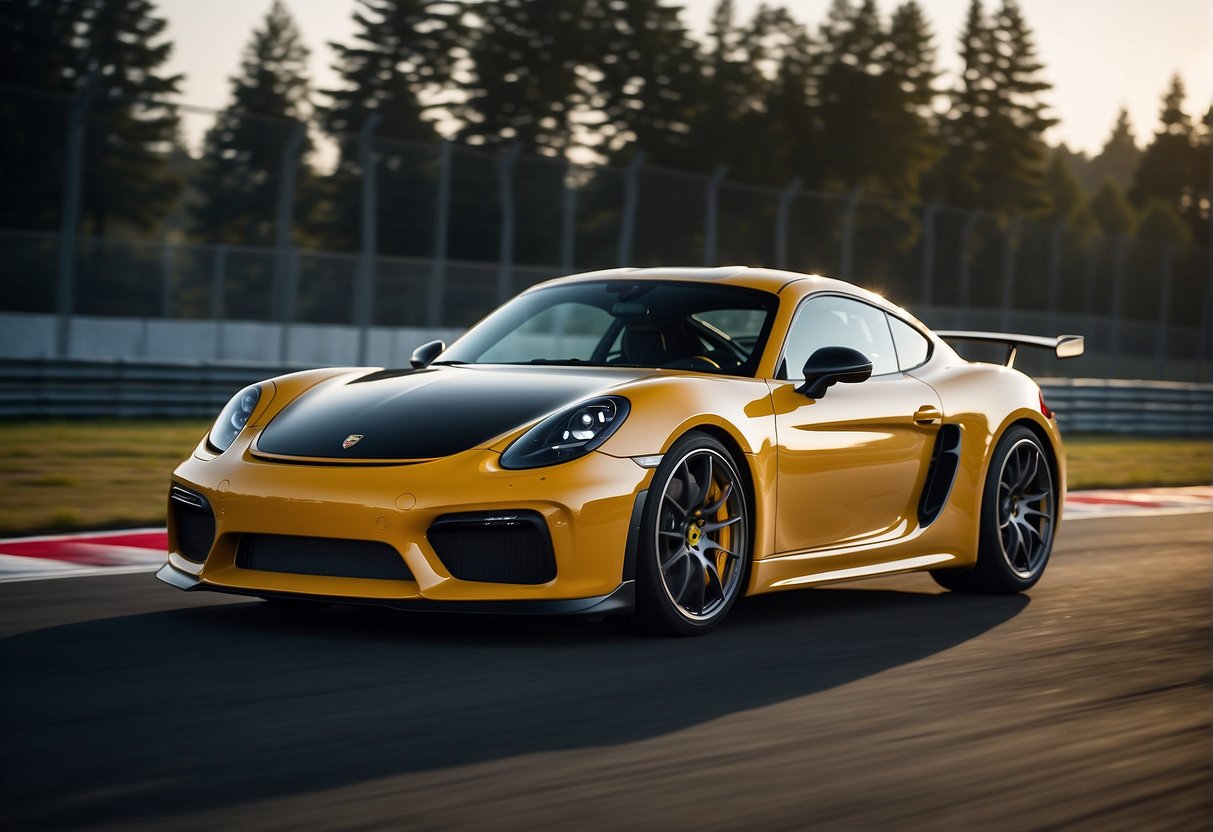 A Porsche Cayman GT4 RS zooms around a race track, its sleek design and powerful engine exuding speed and precision