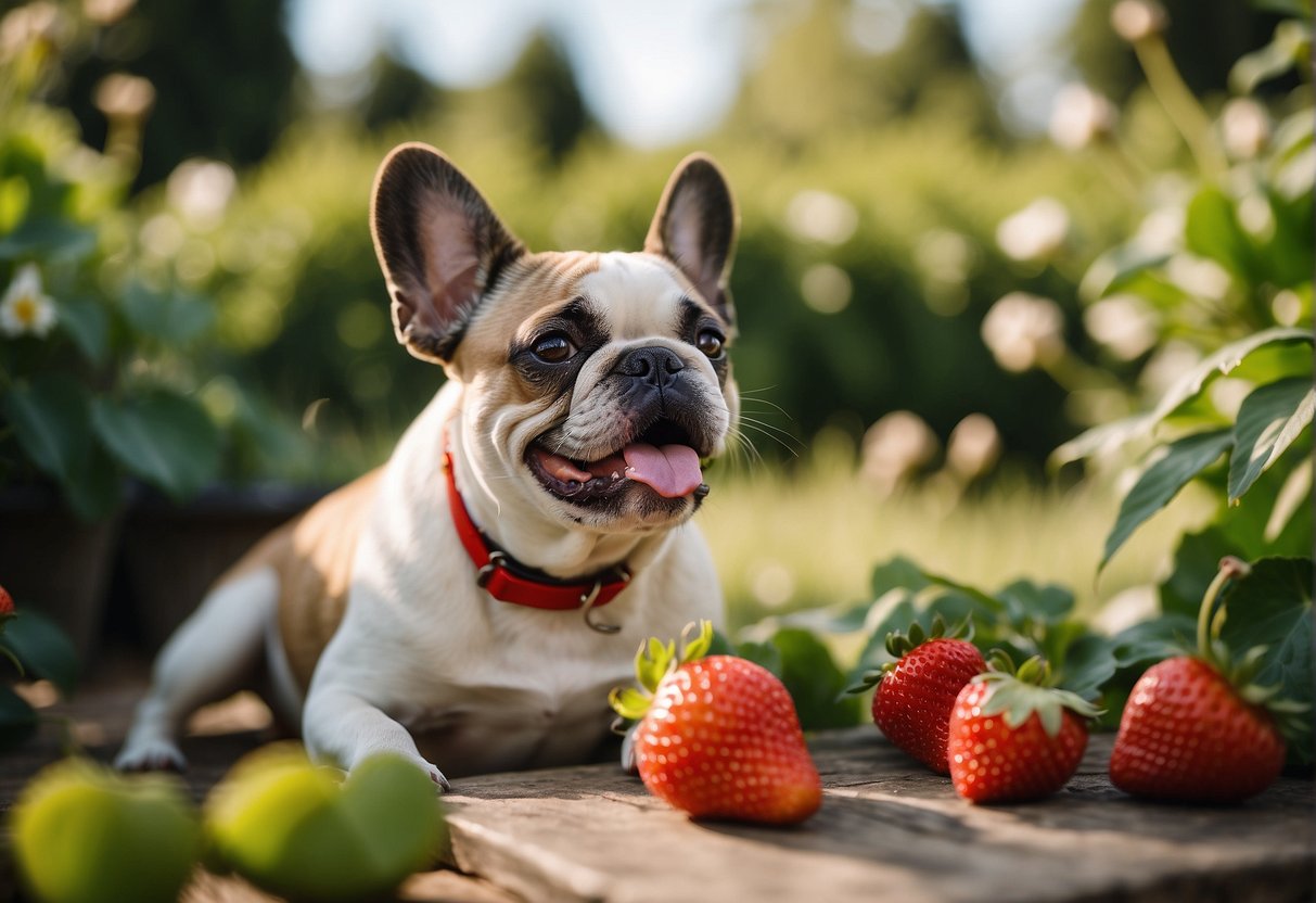 A French bulldog eagerly eats a juicy strawberry in a sunny garden