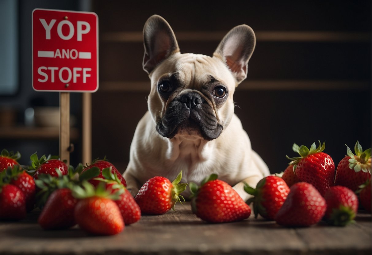 A French bulldog eagerly sniffs a pile of fresh strawberries, while a caution sign with a red X hovers nearby