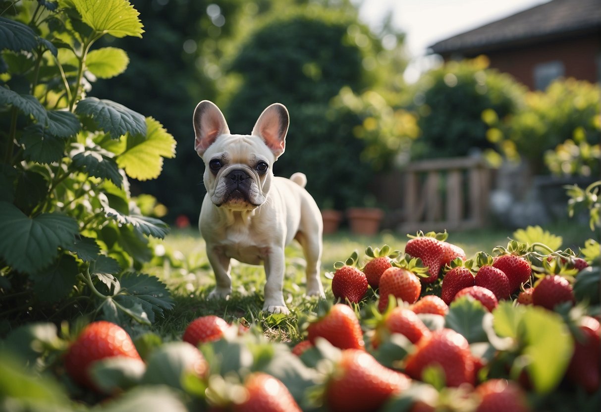 French bulldogs surrounded by ripe strawberries in a garden