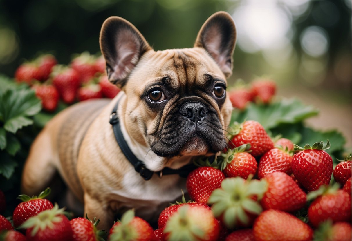 A French bulldog surrounded by strawberries, with a curious expression