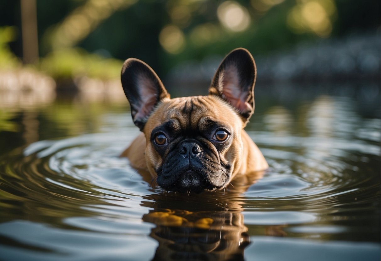 A koi French bulldog swimming gracefully in a serene pond