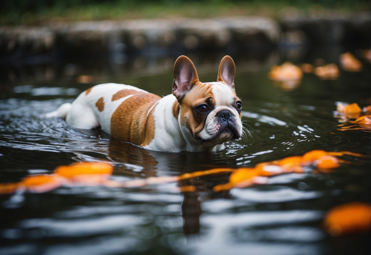 A koi French bulldog swimming gracefully in a tranquil pond, with vibrant orange and white markings resembling those of a koi fish