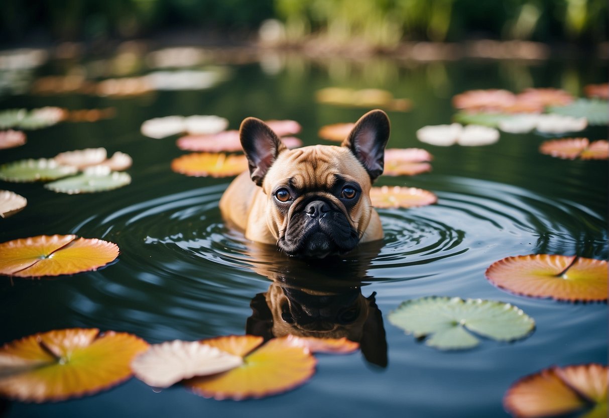 A koi French bulldog swimming in a tranquil pond, surrounded by colorful lily pads and gentle ripples on the water's surface