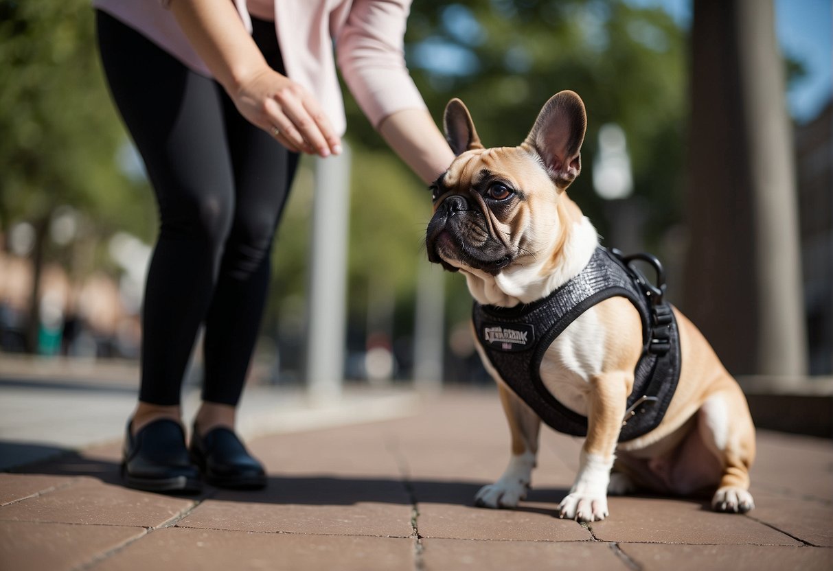 A French bulldog assists a person with disabilities, wearing a service dog vest