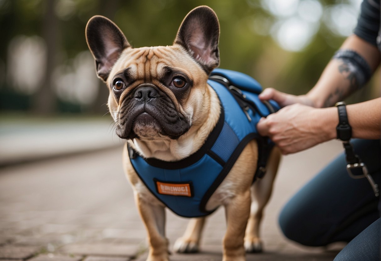 A French Bulldog wearing a service dog vest, assisting a person with a disability by retrieving an item