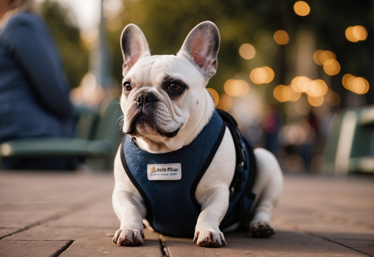 A french bulldog wearing a service dog vest sits calmly beside its owner in a public setting, demonstrating its ability to assist with daily tasks