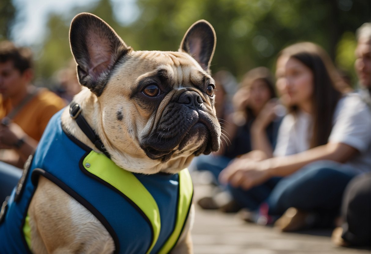 A French bulldog wearing a service dog vest sits attentively, surrounded by people with questions