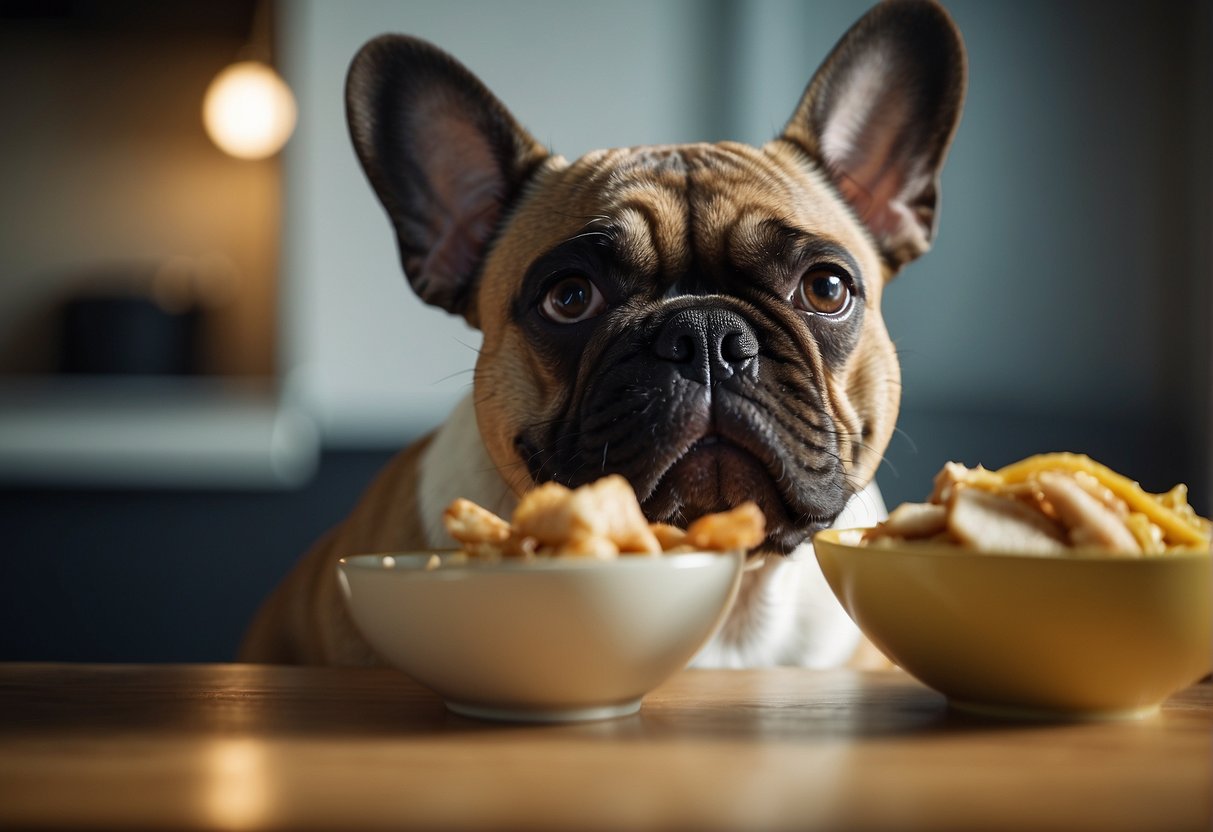 A French bulldog eagerly devouring a bowl of cooked chicken