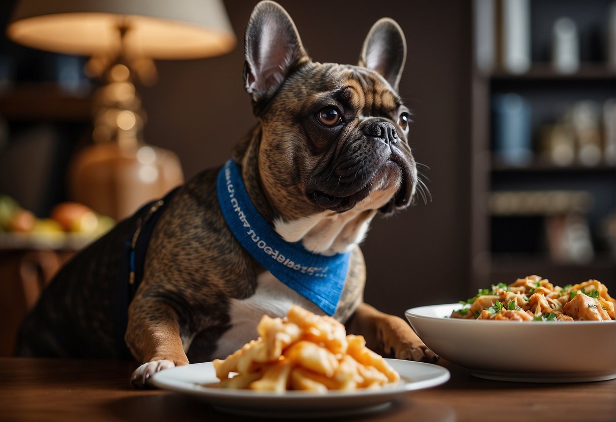 A French Bulldog eagerly devours a bowl of cooked chicken, while a stack of books on canine nutrition sits nearby