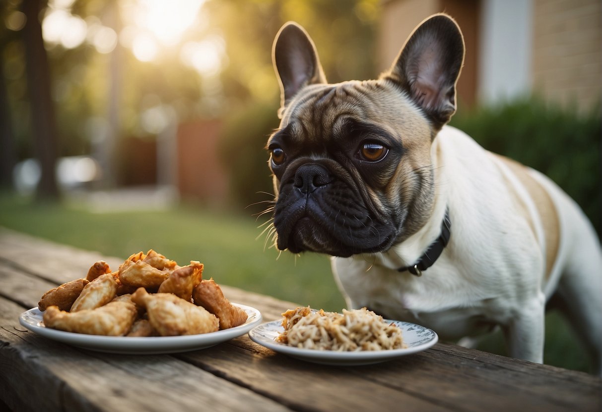 A French bulldog sniffs a plate of chicken while a worried owner gestures to a nearby sign with a red X over a chicken bone