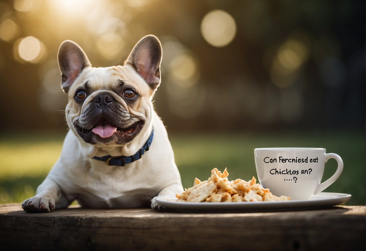 A French bulldog eagerly eats chicken, while a thought bubble above shows a question mark and the words "Can Frenchies eat chicken?"