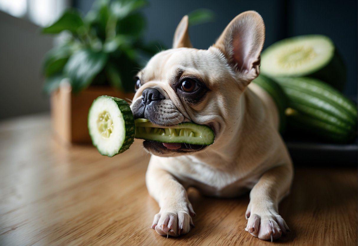 A French bulldog eagerly munches on a fresh cucumber, its tail wagging with delight