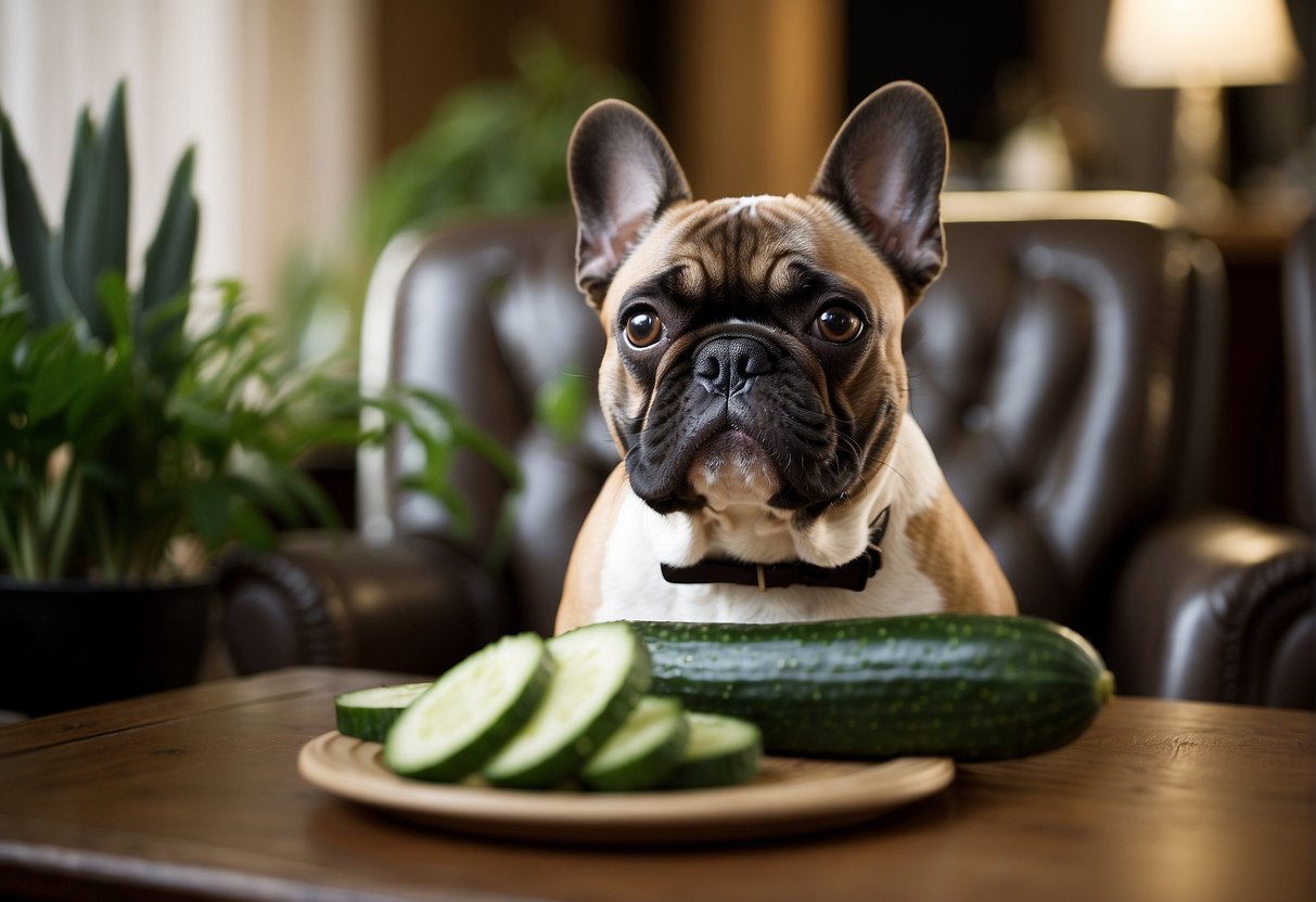 A French Bulldog eagerly eats a slice of cucumber, while a caution sign with a crossed-out cucumber looms in the background