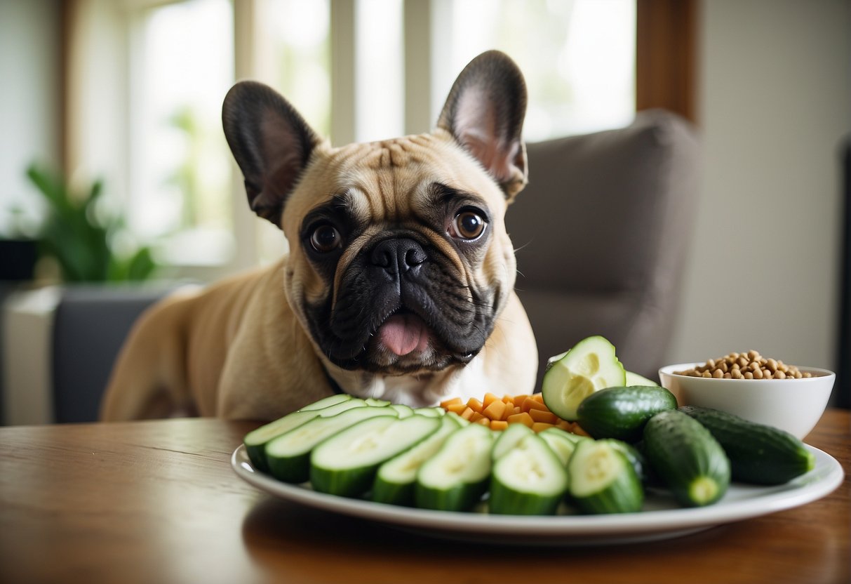 A French Bulldog eagerly chews on a slice of cucumber, with a bowl of balanced dog food in the background