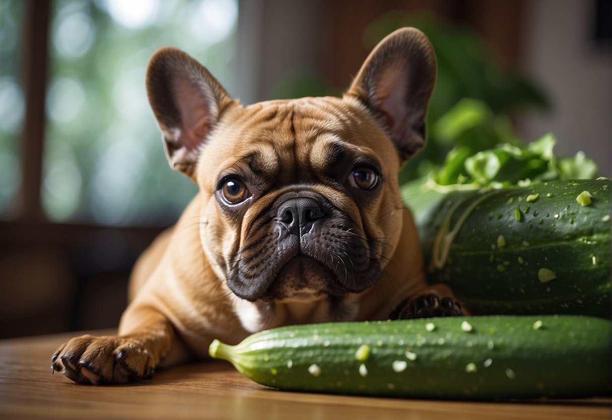 A cute French bulldog eagerly munches on a fresh cucumber, while a curious expression adorns its face