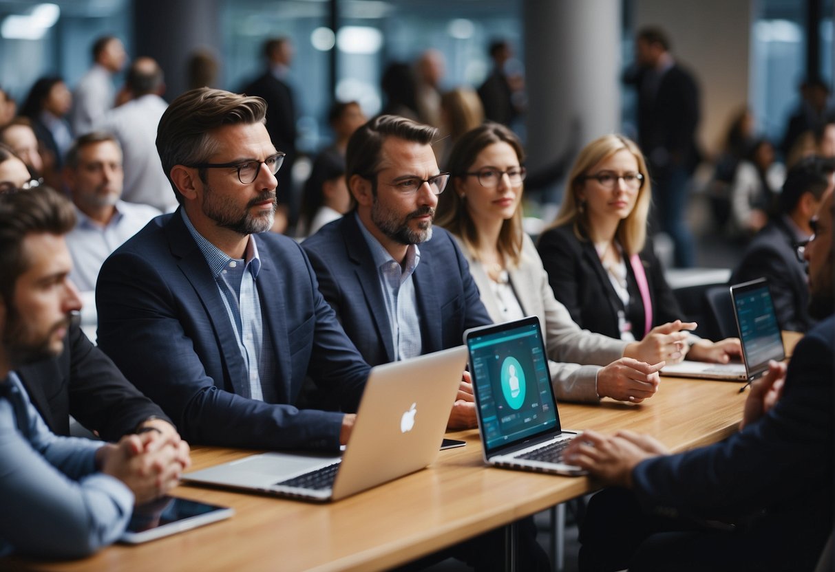 A bustling tech conference with AI demos and industry leaders discussing market trends