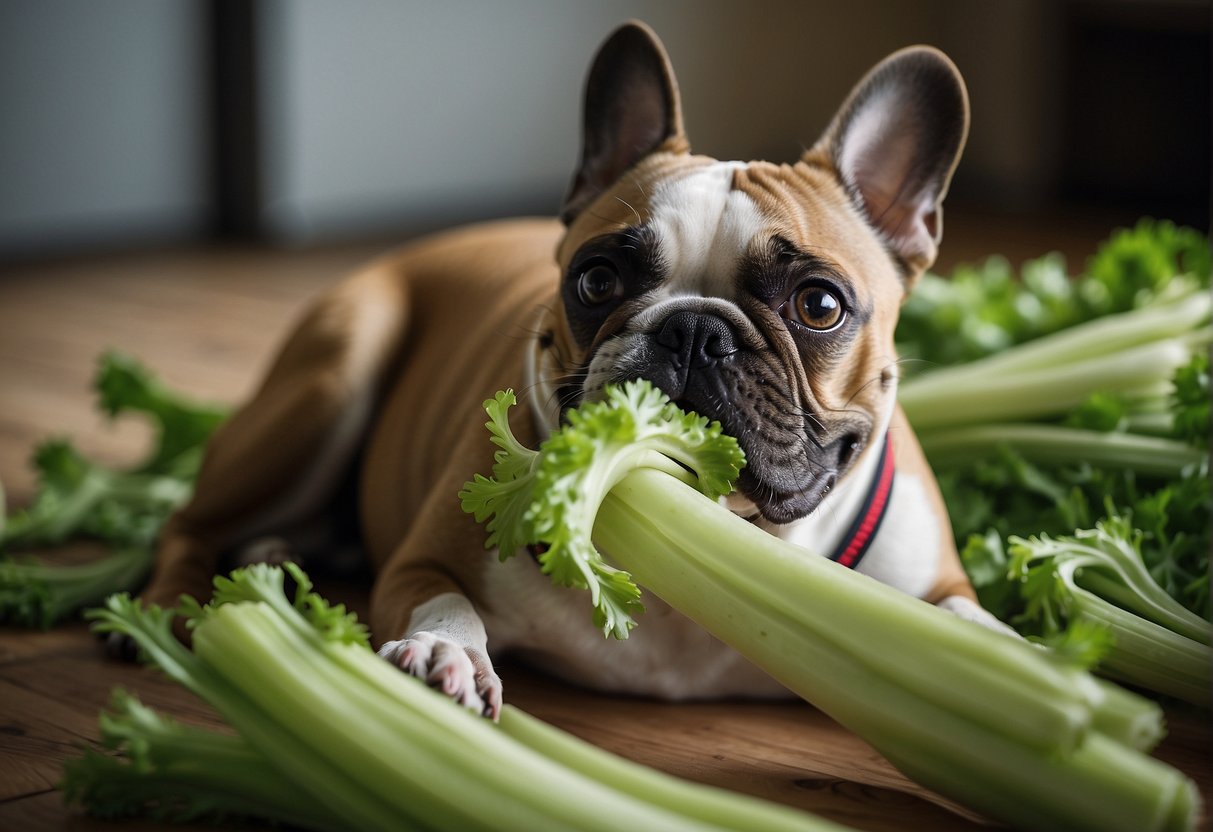 A French bulldog happily munches on a stalk of celery