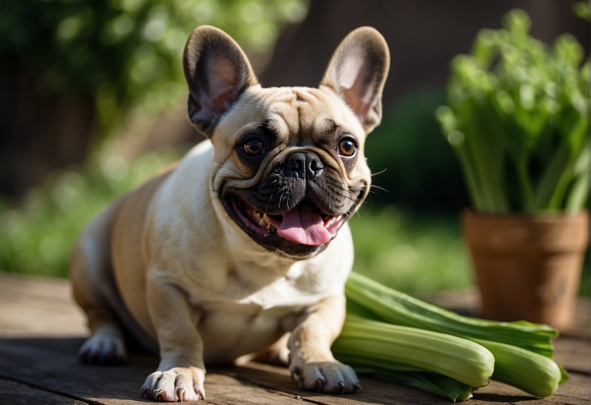 A French bulldog eagerly munches on a stalk of celery, its tail wagging in excitement. The crisp green vegetable provides essential nutrients for the dog's health