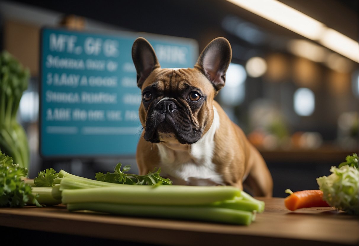 A French bulldog sniffs a stalk of celery, while a caution sign and a list of potential risks and considerations hover nearby