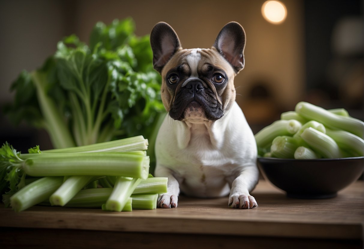 A French bulldog stands next to a pile of celery, with a curious expression on its face