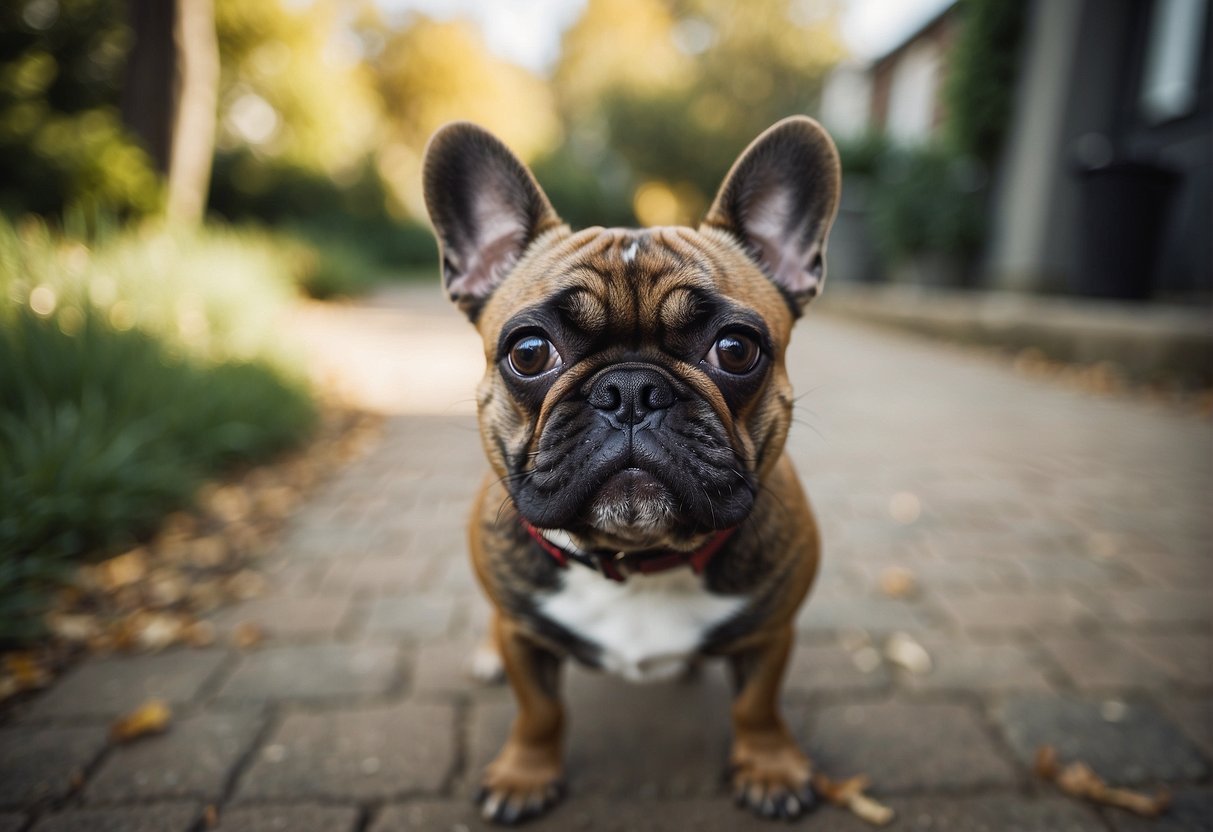 A 1-year-old French bulldog stands with a curious expression, its ears perked up and tail wagging, as it looks up at its owner with anticipation