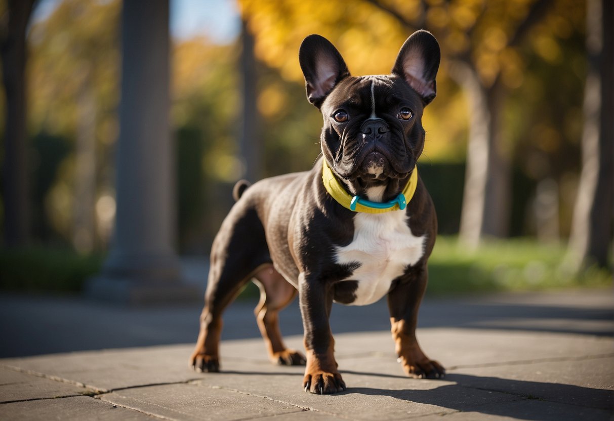 A French bulldog stands confidently, with a playful expression, at 1 year old, showcasing its unique physical features
