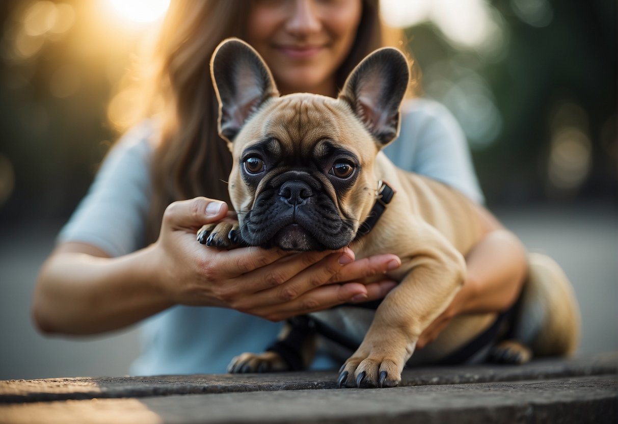 A French Bulldog puppy being gently cared for by an adult, with a loving expression on their face