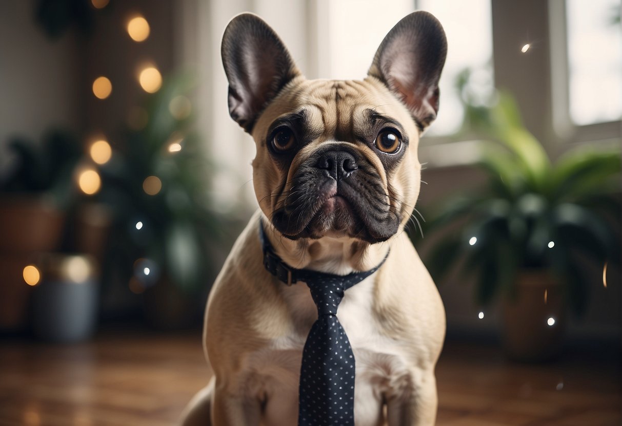 A French bulldog stands at 1 year old, surrounded by question marks and the words "Frequently Asked Questions" in bold letters