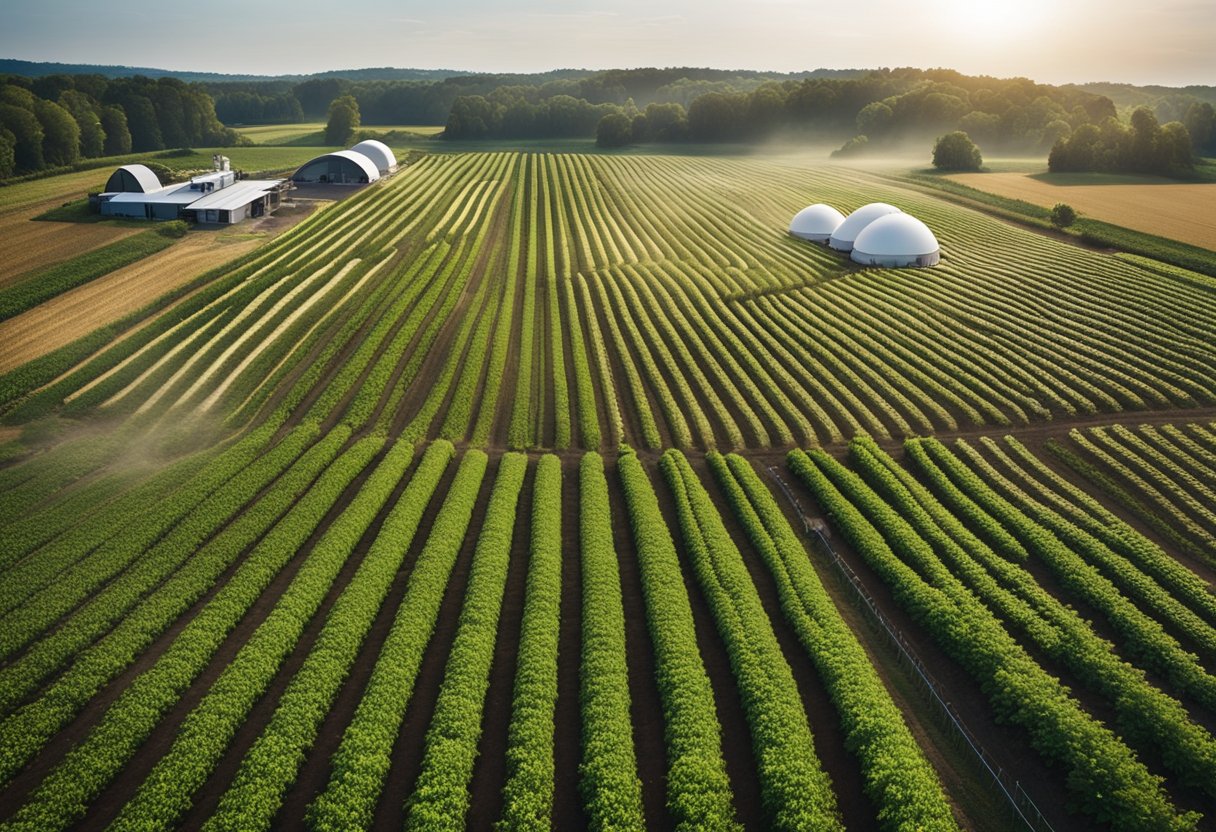 A modern farm with digital sensors monitoring crops, drones spraying pesticides, and bio-conservation techniques enhancing soil health