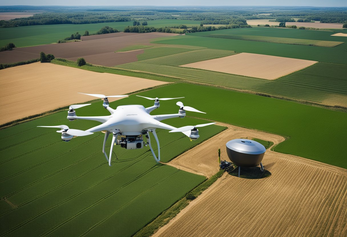 A farm landscape with high-tech equipment, drones, and sensors monitoring crops and livestock for sustainable agriculture