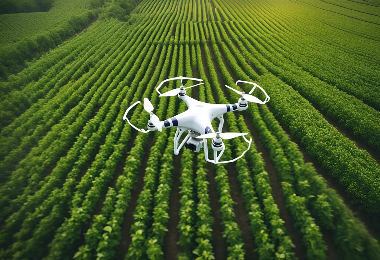 A drone hovers over a lush, technologically advanced farm. Sensors and cameras collect data, while automated machinery tends to crops. The scene illustrates the integration of technology in precision agriculture and smart farming for food security
