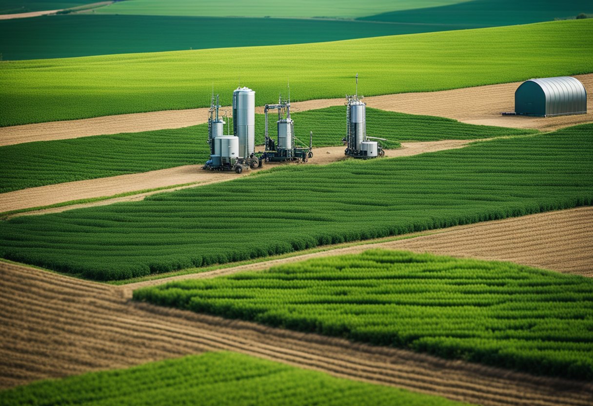 A lush agricultural landscape with digital sensors monitoring soil and crop health, alongside bio-conservation techniques such as crop rotation and natural pest control