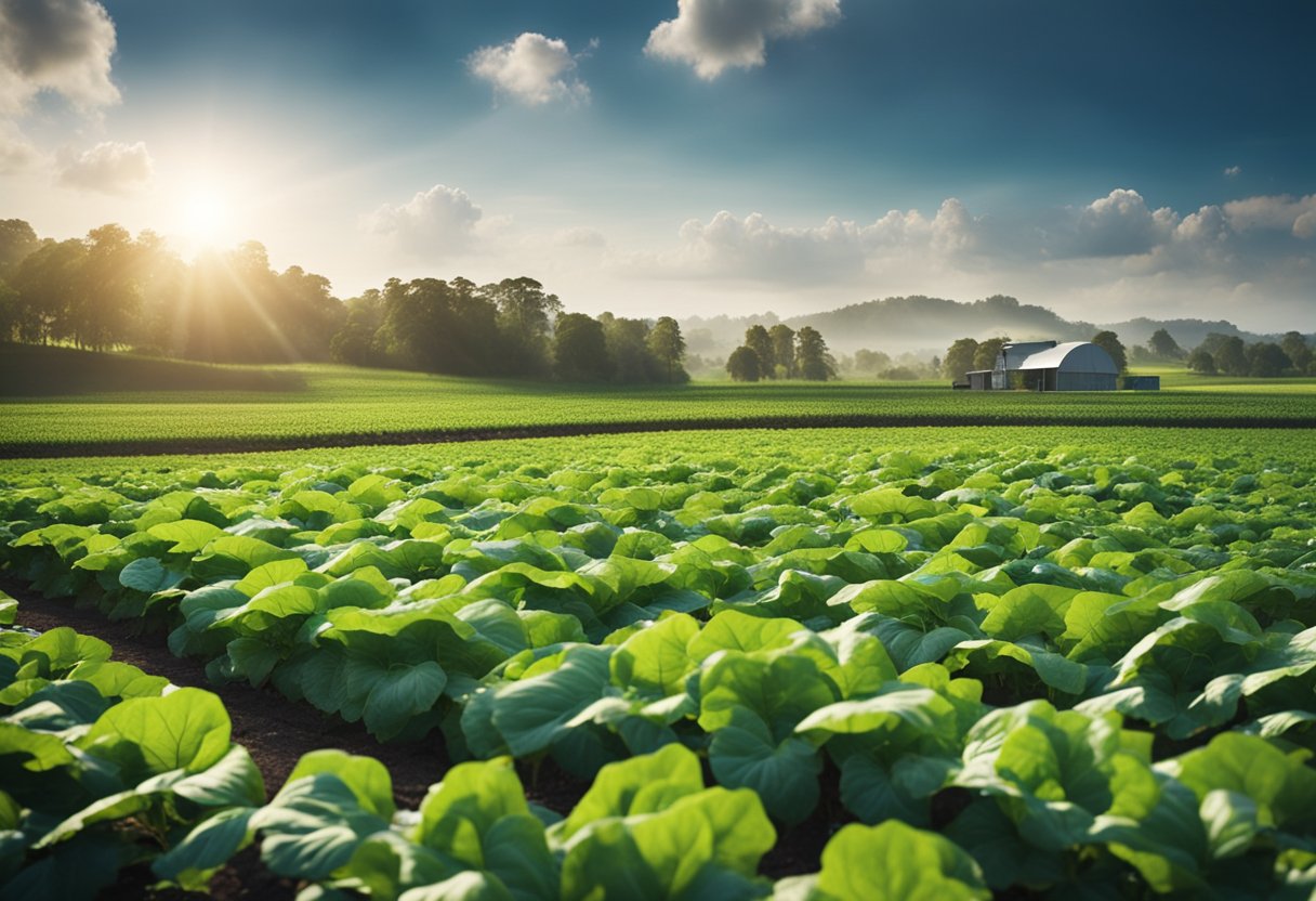 A lush, technologically advanced farm with digital sensors and bio-conservation practices ensuring abundant, healthy crops for food security