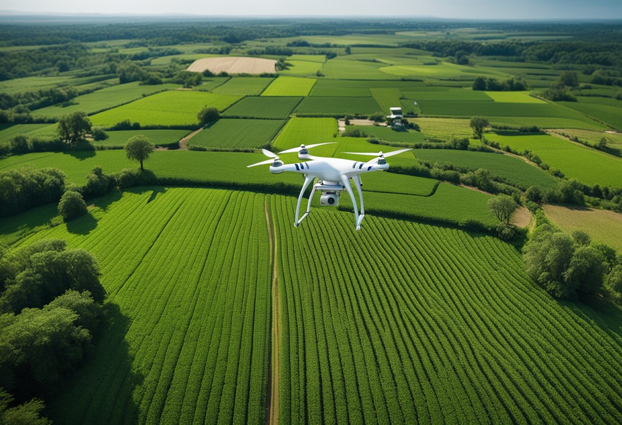 A lush green farm with modern technology, drones flying overhead, and data being analyzed on a digital platform. Conservation practices are evident, with natural habitats and diverse crops