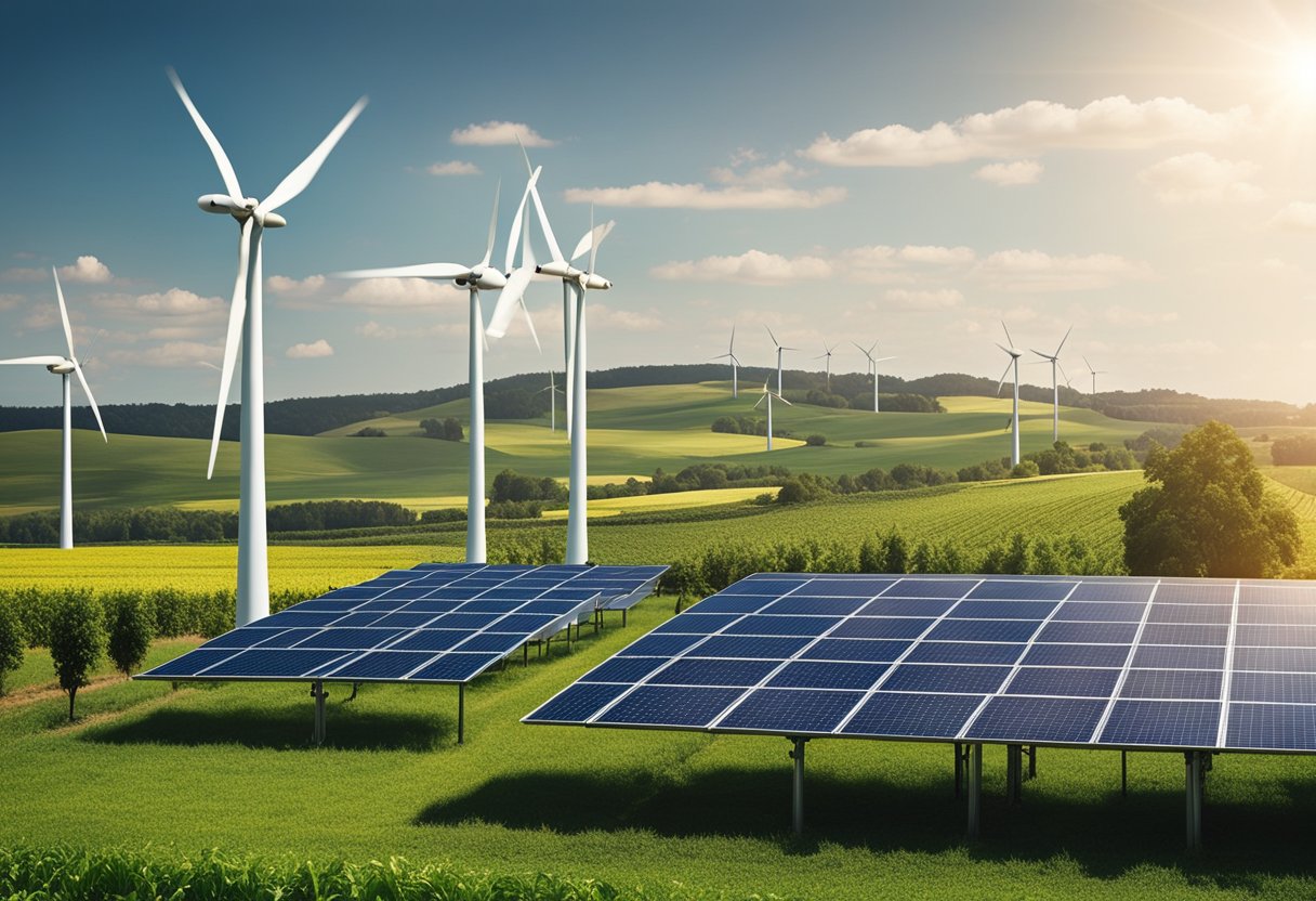 A farm landscape with digital sensors on crops, solar panels, and wind turbines, showcasing the integration of technology in agriculture for sustainable food production
