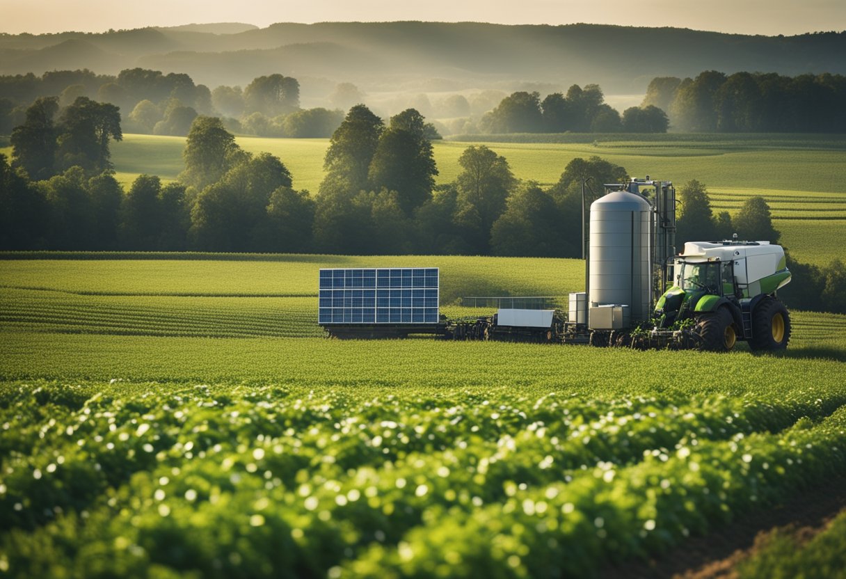 A modern farm with digitalized equipment, bio-conservation practices, and regulatory oversight for food security