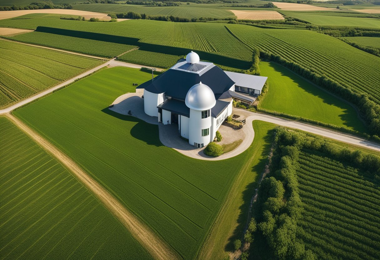 A farm landscape with technology integrated into the fields, such as drones, sensors, and automated machinery. Bio-conservation practices, like crop rotation and natural pest control, are also evident