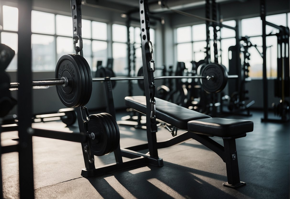 A weight bench with a barbell and dumbbells, a resistance band, and a tricep rope attachment hanging from a cable machine