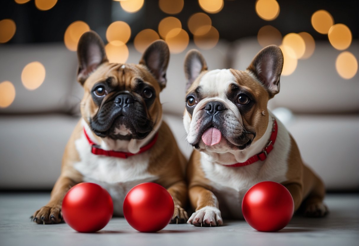 Two red French bulldog balls on a white background