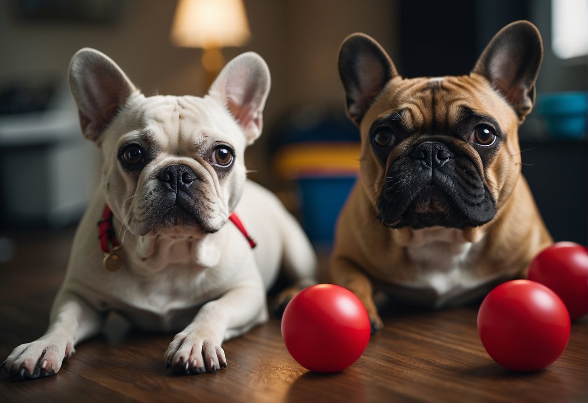 A French bulldog with red balls sits in distress, while another dog looks concerned, in a vet's office