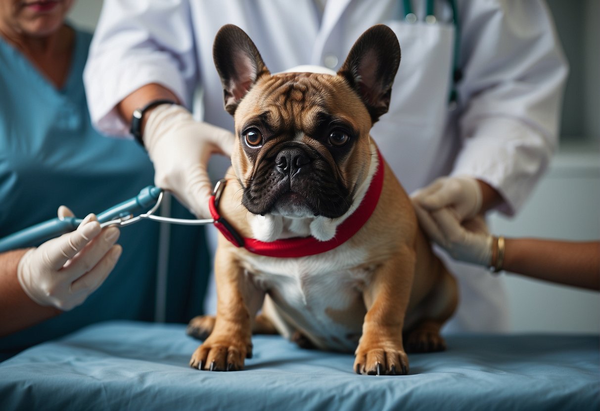 A French bulldog with red scrotum, receiving treatment from a veterinarian. Another bulldog being prevented from licking the affected area
