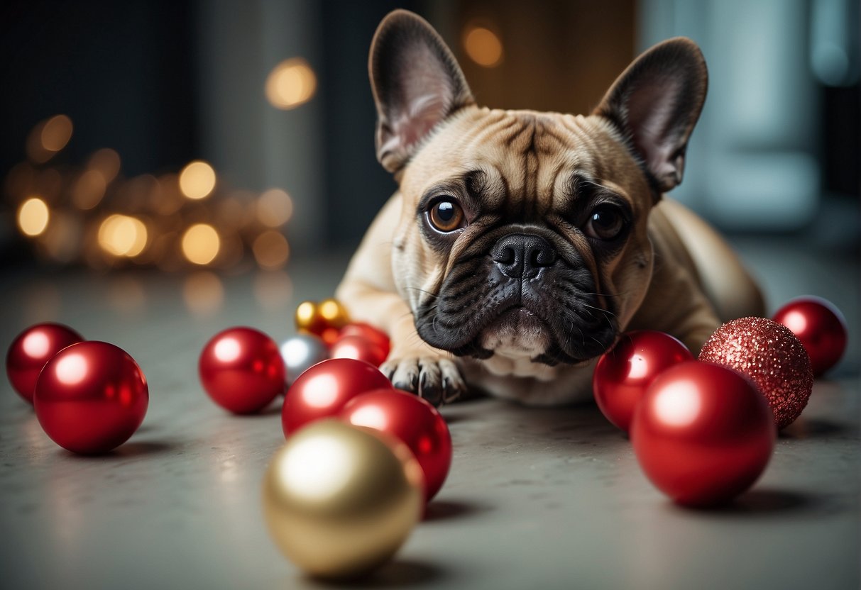 A French bulldog with red balls, surrounded by puzzled owners