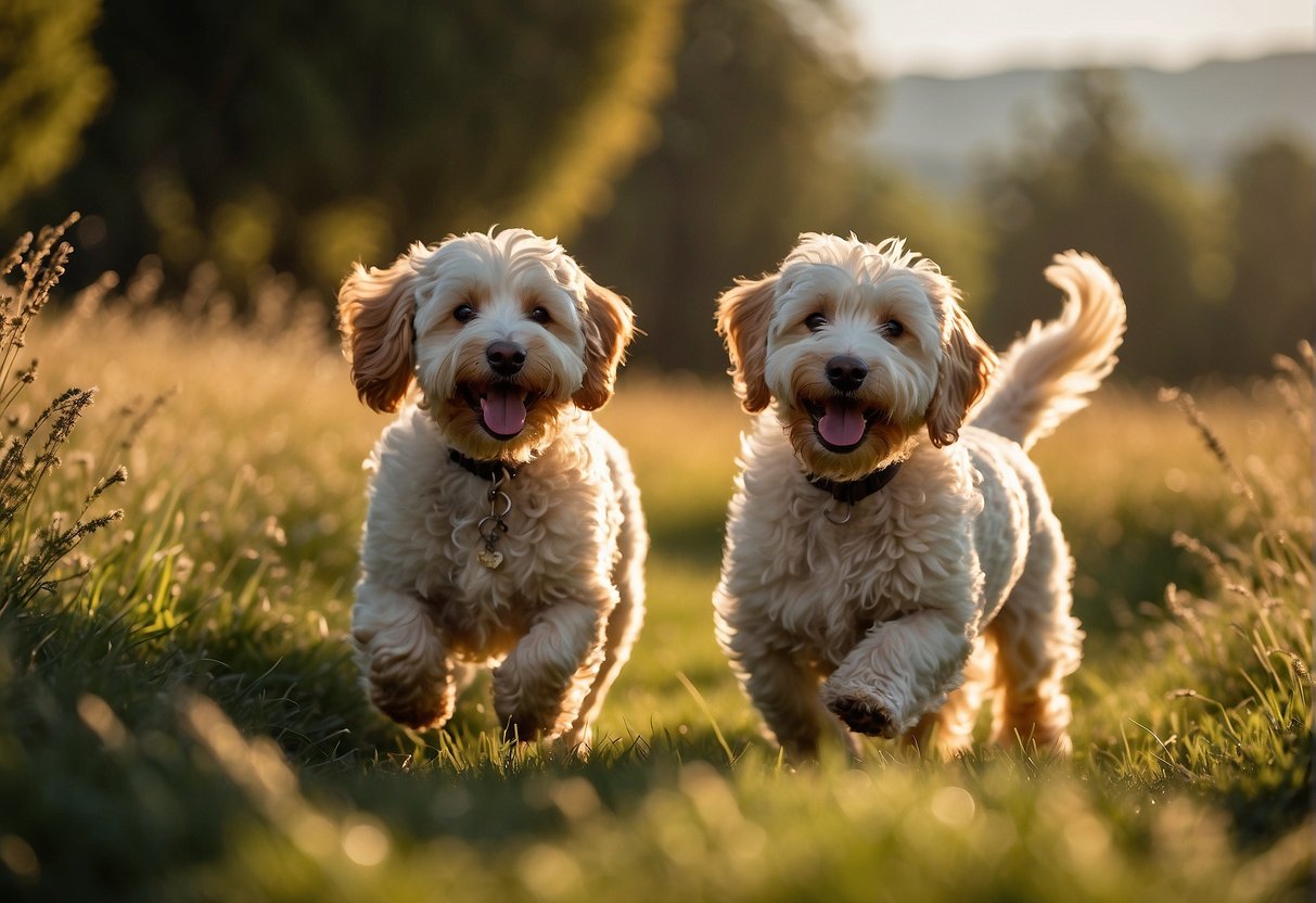 Two F2B Mini Goldendoodles playfully romp through a sun-dappled meadow, their fluffy coats catching the light as they chase each other with joyful abandon