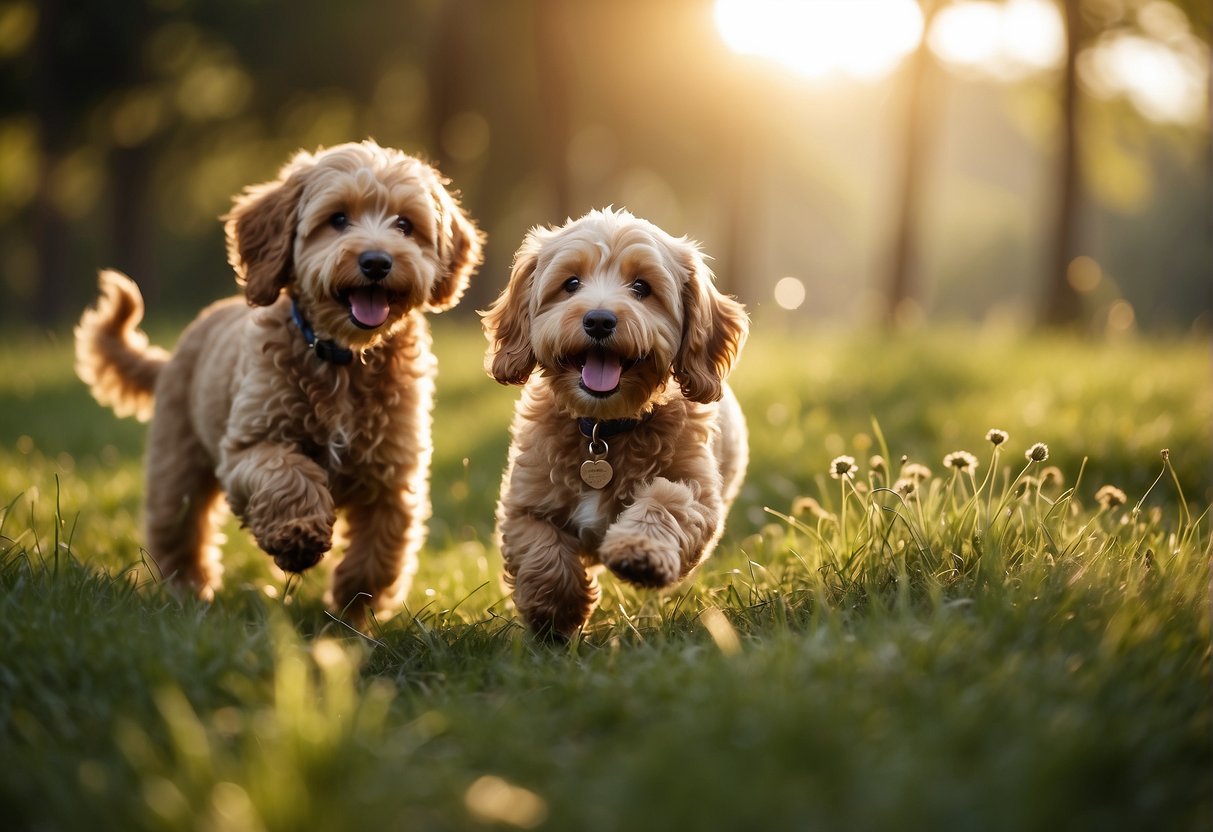 Two F2B Mini Goldendoodles playfully romp in a lush green meadow, their fluffy, golden coats shining in the sunlight as they chase each other with wagging tails